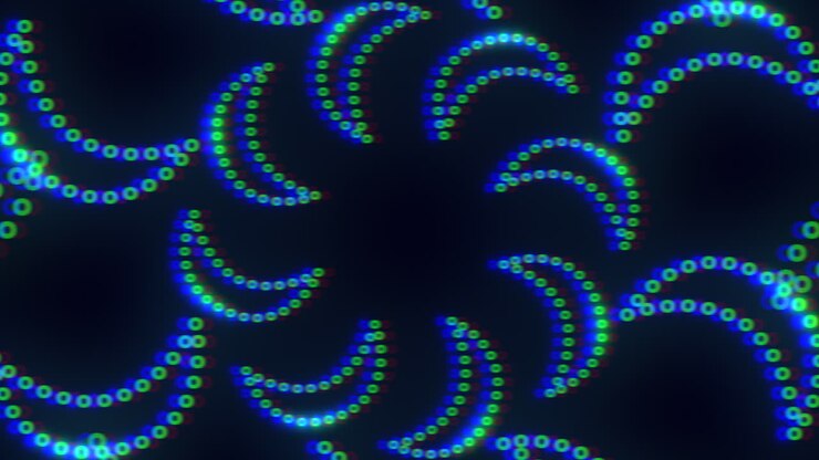 Neonově modrý srpek měsíce ve spirále s tečkami na černém gradientu