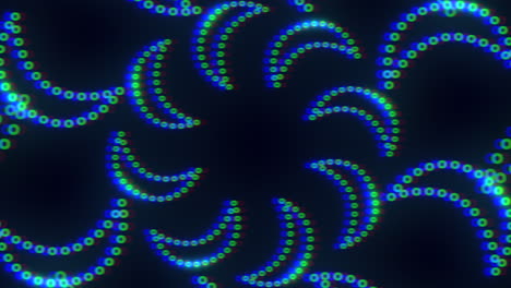 Neon-blue-crescent-moon-in-spiral-with-dots-on-black-gradient