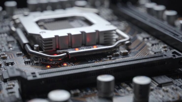 Nærbillede af et computerbundkort med CPU-sokkel og kredsløb med oplyste elementer, der fremhæver avanceret teknologi og konnektivitet.