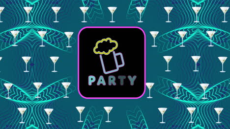 animación de la fiesta y el vaso de cerveza en el marco sobre las copas de cóctel en repetición sobre el patrón azul