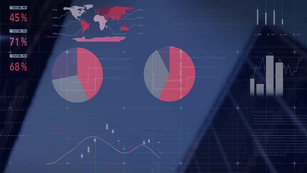 Animation of statistics and data processing over buidlings