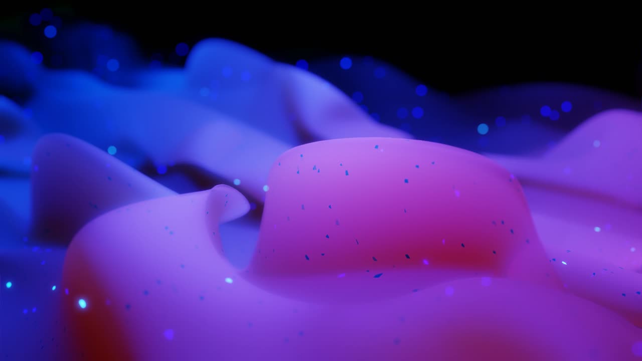 абстрактная 3d-поверхность с красивыми волнами, светящимися блесками и ярким цветовым градиентом синего фиолетового цвета. волны бегут по матовой поверхности с блестящим блеском.