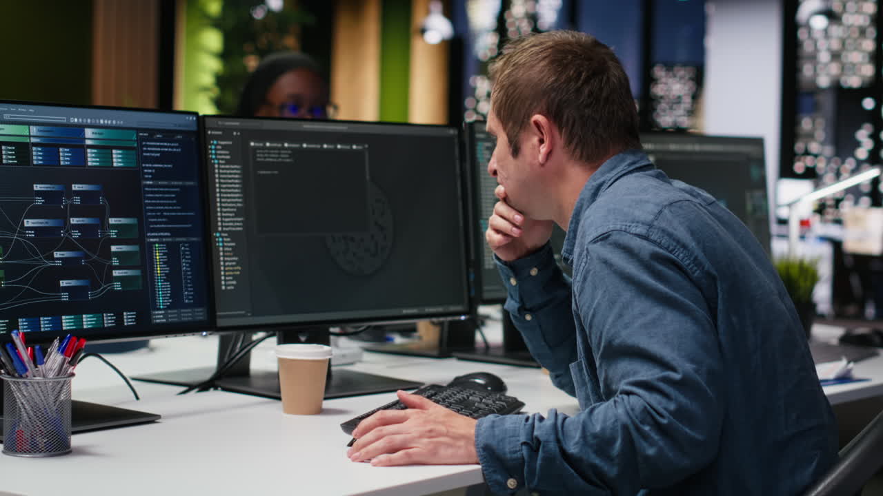 Male Programmer Working on Multiple Computer Screens in Modern Office
