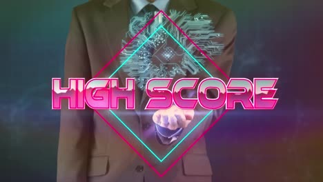 high score text on neon squares against mid section of businessman holding invisible screen