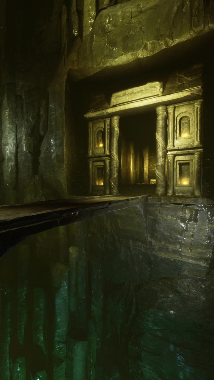 A luz reflete na água perto de antigas estruturas de pedra em uma caverna