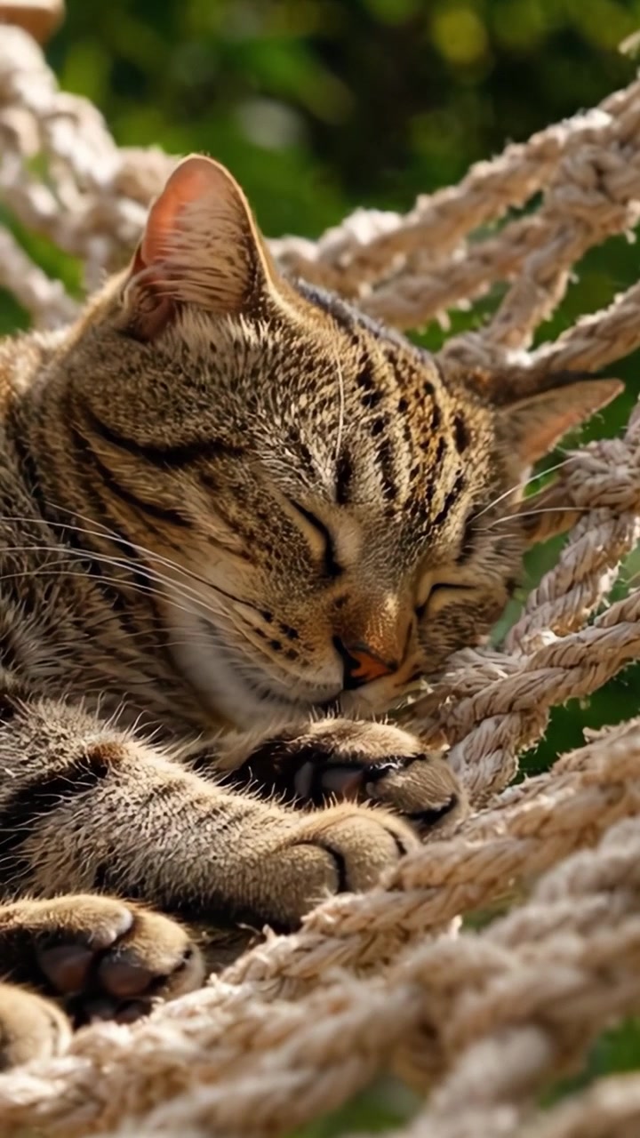 Un gatto accogliente si gode un sonnellino pacifico in un'amaca, assaporando il comfort della natura e il dolce abbraccio di una giornata calda.