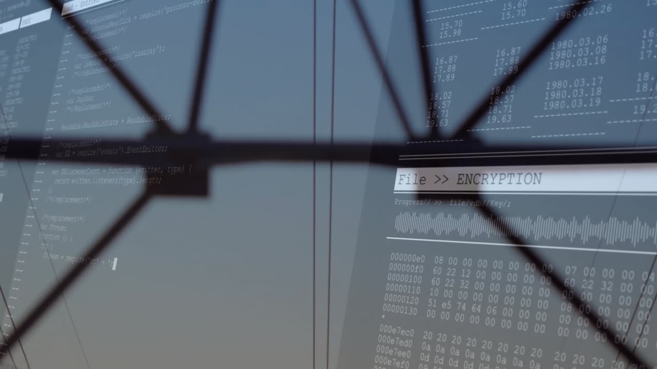 Encryption interface panel displaying code snippets on steel frame and sky gradient in flat design