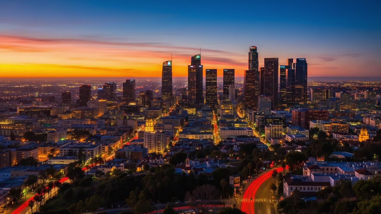 Stunning Transformation of a Cityscape: A Glorious Sunset Transitioning into a Nighttime Urban Glow Over Skyscrapers and Light Trails