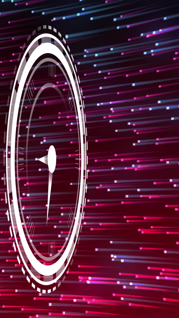 Animation of clock over black background with blue and pink lights