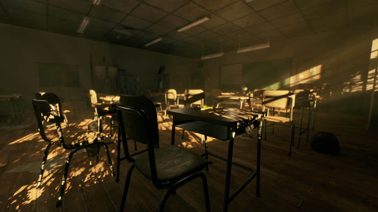 Old abandoned school classroom with wooden desks in warm afternoon light