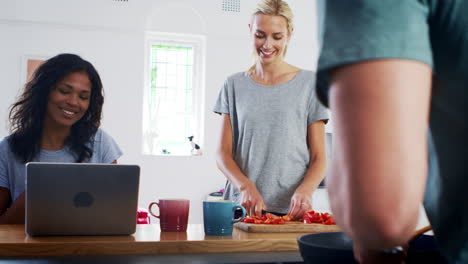 Freunde-Bereiten-Gemeinsam-Essen-In-Moderner-Küche-Zu