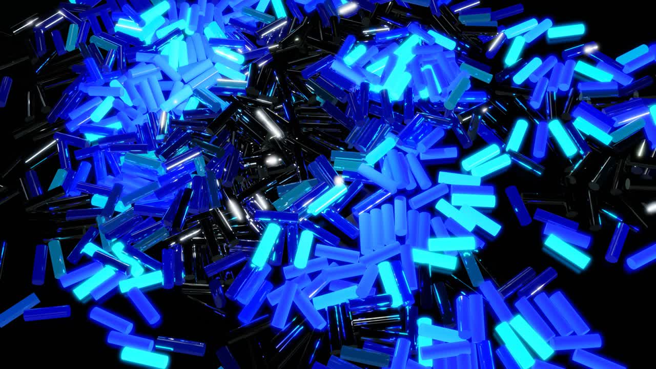 회색 직사각형이 많은 3d 추상적인 루프 배경은 평면에 놓여 파란색으로 빛납니다. 불은 추상적인 크리스마스 꽃줄기와 같은 모양을 형성하기 시작합니다. 파도는 막대기를 가로질러 달립니다.