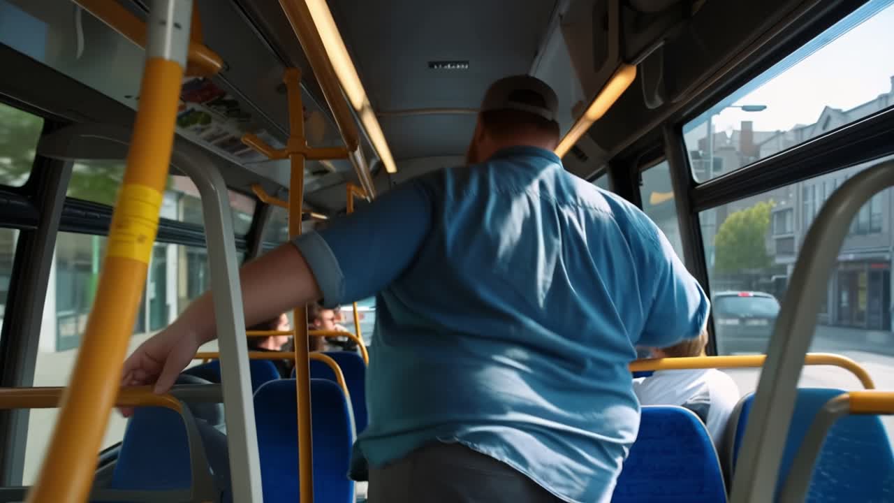 Man steps onto public bus. He holds onto yellow handrail. He walks toward bus's interior. Other passengers sit in blue seats. Sunlight enters through bus windows