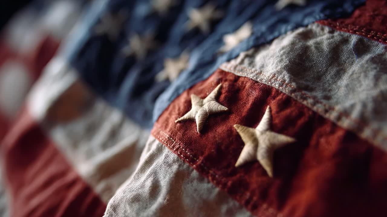 Close-Up of an American Flag Showcasing Detailed Textures, Vibrant Colors, and Distinctive Stars and Stripes Pattern, Capturing a Sense of Pride and History