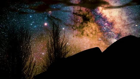 milky way over mountains and trees at night