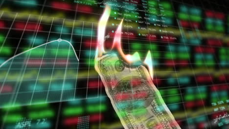 la imagen digital muestra la quema de datos de dólares y acciones, simbolizando problemas financieros globales.