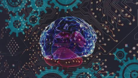 Animation of digital brain and cogs over computer circuit board on black background