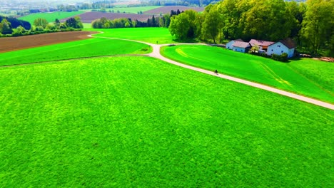 scenic green fields with winding path and farm buildings from above