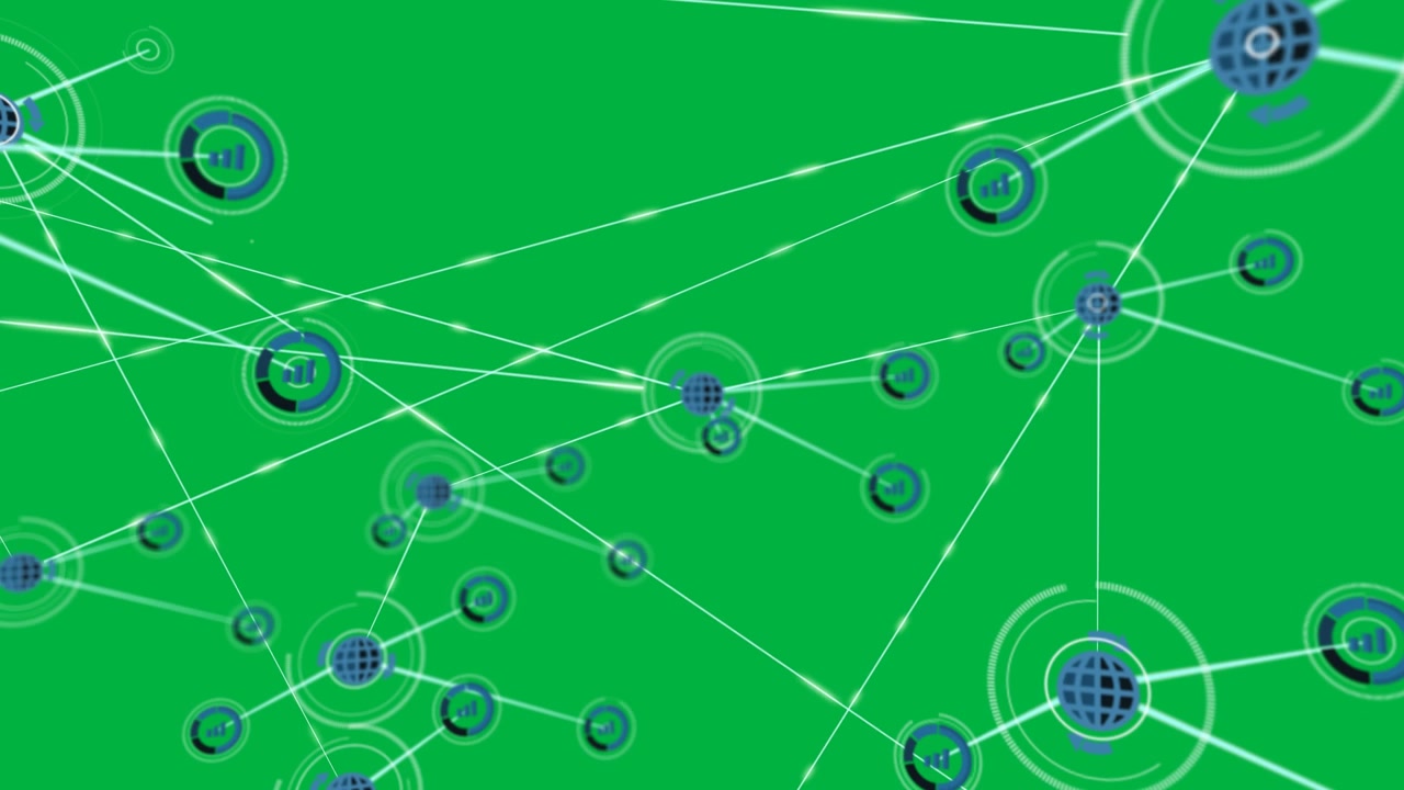 Blue dot starting globe beams moving dots grouping showing network in black band transparent bg
