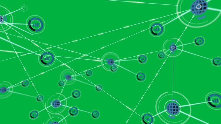 Blue dot starting globe beams moving dots grouping showing network in black band transparent bg