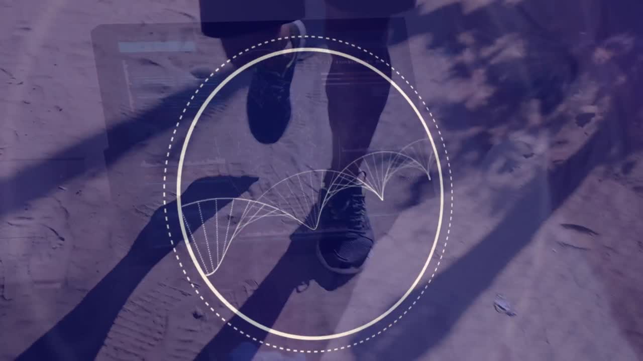 Animation von Datenverarbeitung und DNA-Strang über einem Mann, der läuft