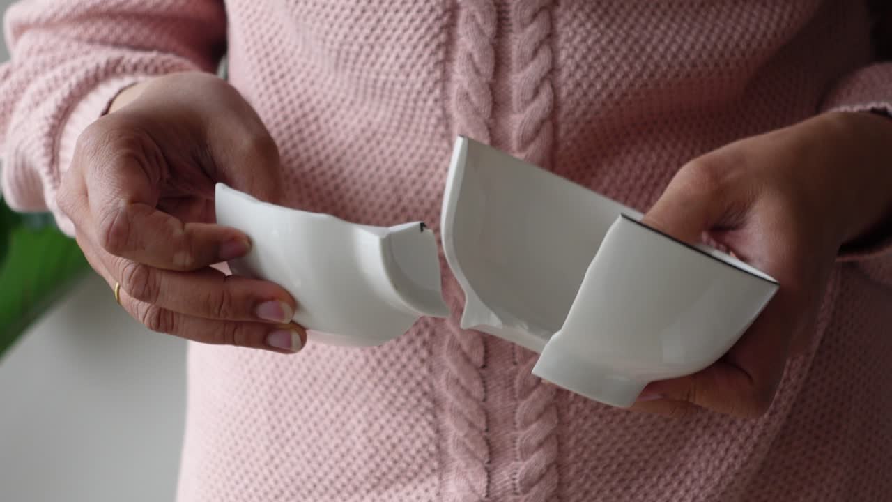 Woman's Hands Holding Pieces of a Broken White Ceramic Bowl
