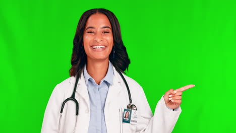 Medical,-pointing-and-a-doctor-woman-on-a-green