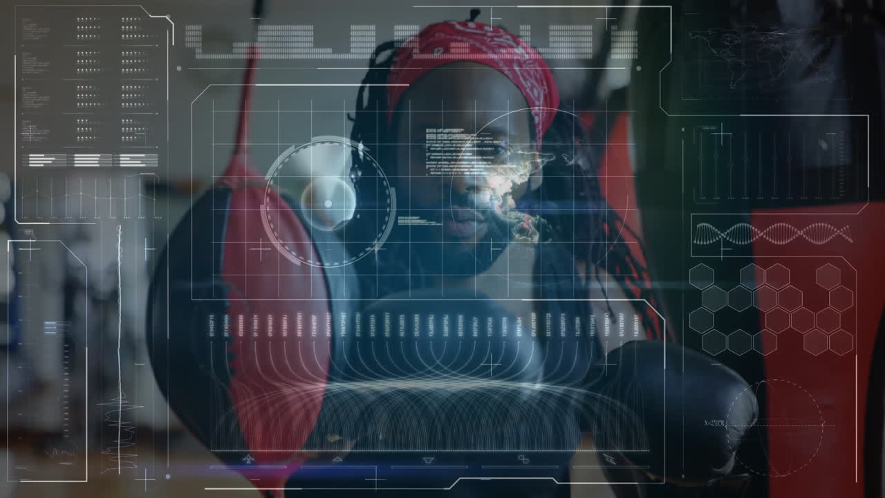Man training punching bag in gym, highlighting fitness technology overlay with data charts
