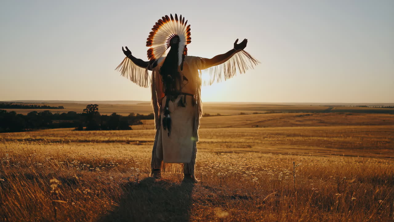 A person in Native American traditional attire stands in a field at sunset
