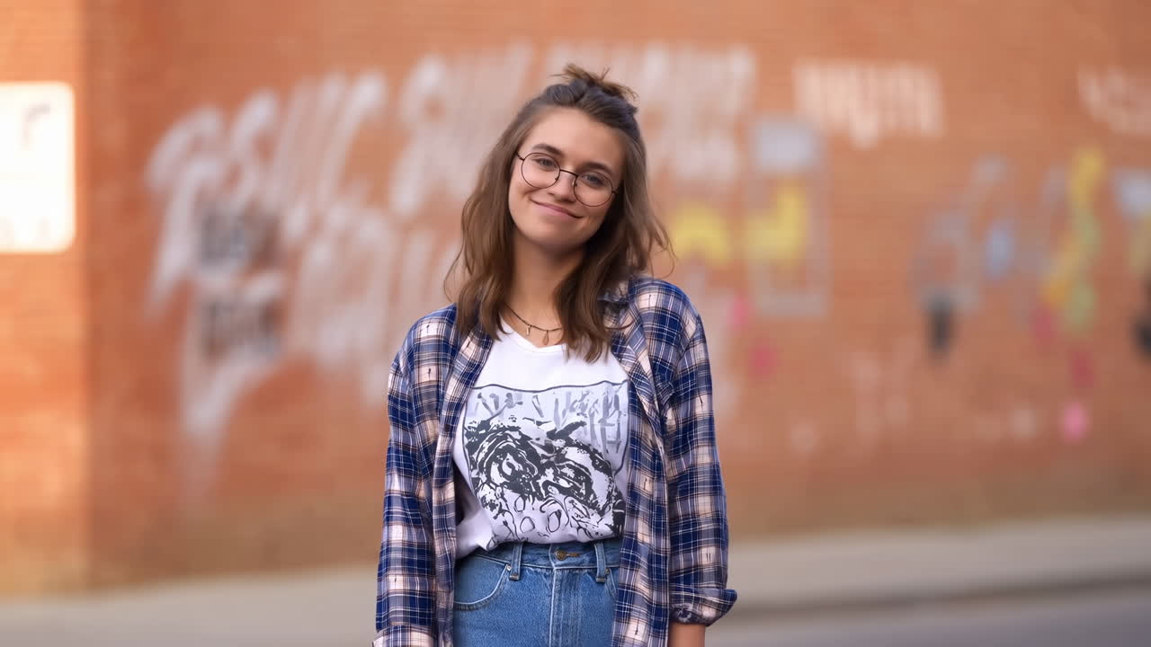 Mujer joven con gafas sonriendo frente a una pared de ladrillos