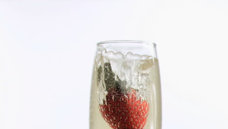 strawberry diving into champagne in super slow motion