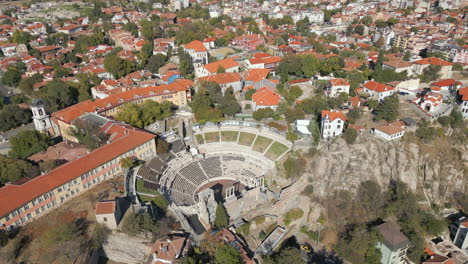 roman amphitheatre in plovdiv bulgaria drone circling slowly 4k 60fps