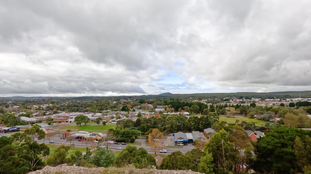 Aerial footage showcasing the lush landscape and urban sprawl of Ballarat, Victoria, under a cloudy sky