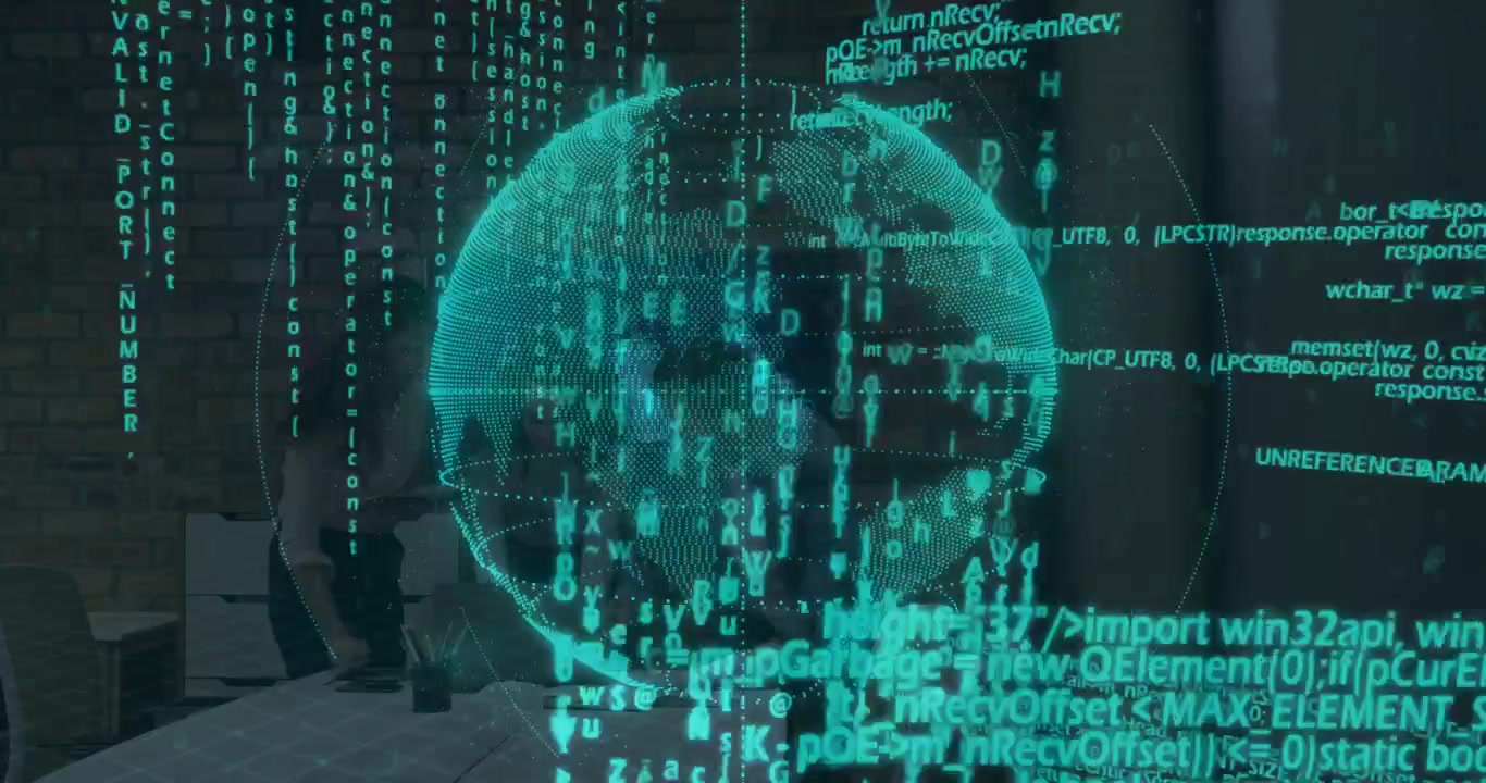 Teal globe appearing after host tapping pad, rotating and streaming vertical code visualizing data