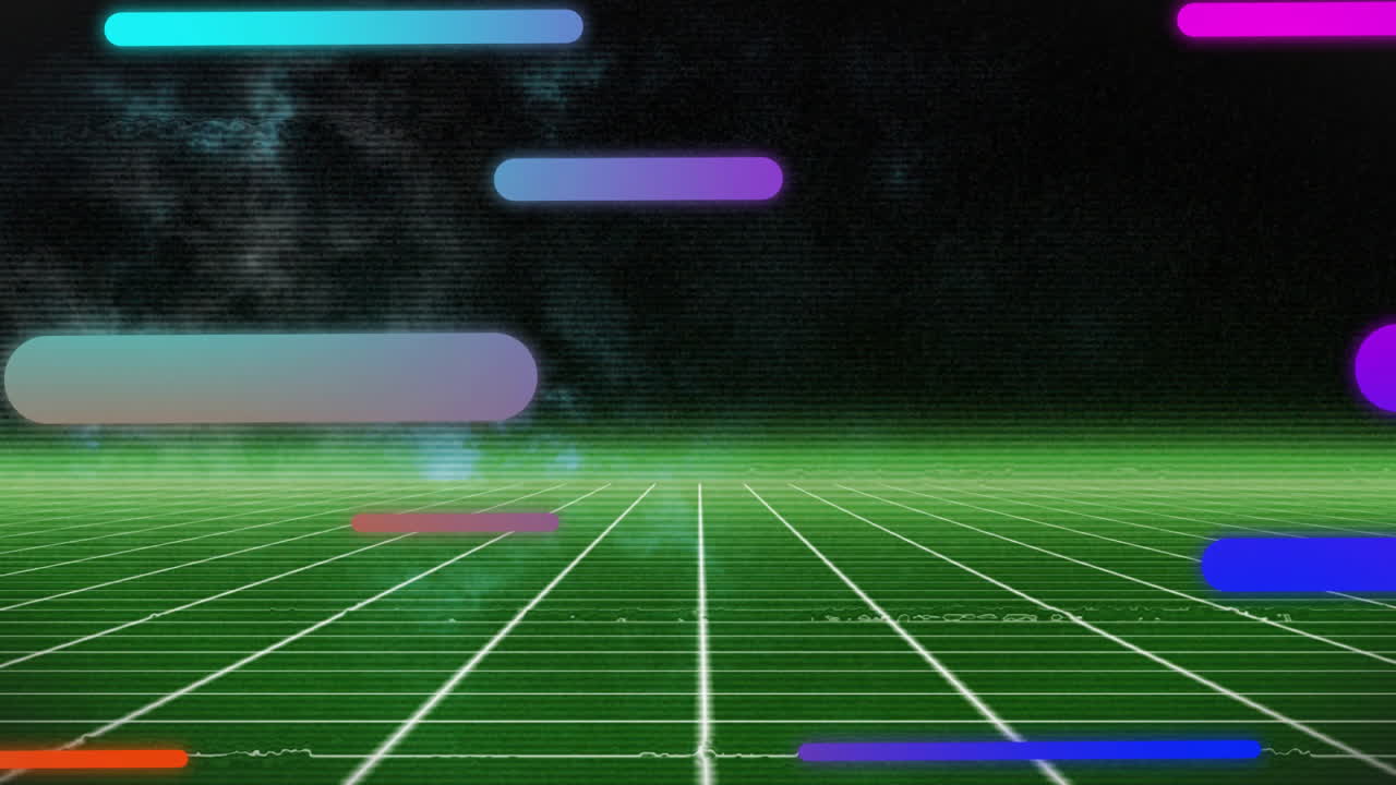 Glowing green wireframe grid extending to horizon, floating neon bars drifting through starfield