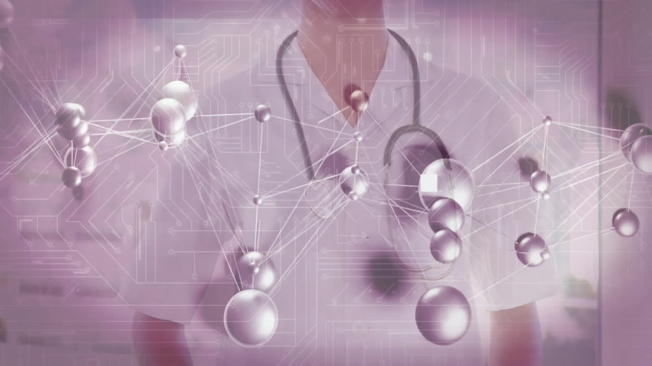 Female doctor adjusting stethoscope in lab, showcasing floating molecular spheres and circuit lines