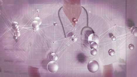 female doctor adjusting stethoscope in lab, showcasing floating molecular spheres and circuit lines