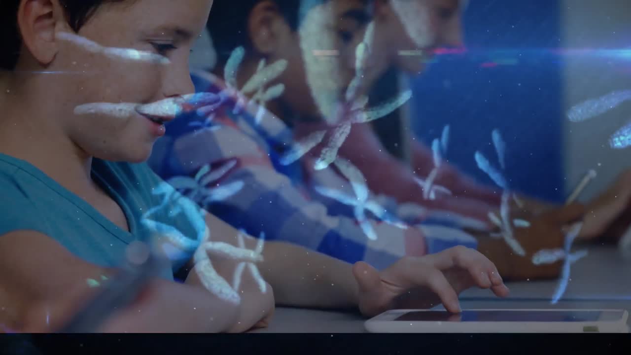 교실에서 태블릿을 사용하는 학교 학생들에 대한 분자의 애니메이션