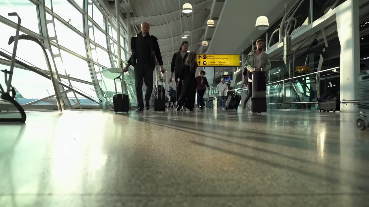 Video con ripresa dal basso di viaggiatori con bagagli in un moderno terminal aeroportuale, che cattura il movimento.