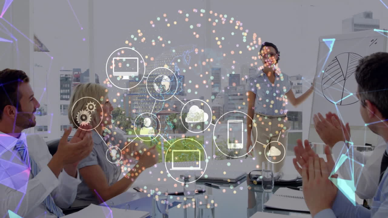 In conference room, diverse team discussing with digital network icons overlaying animation