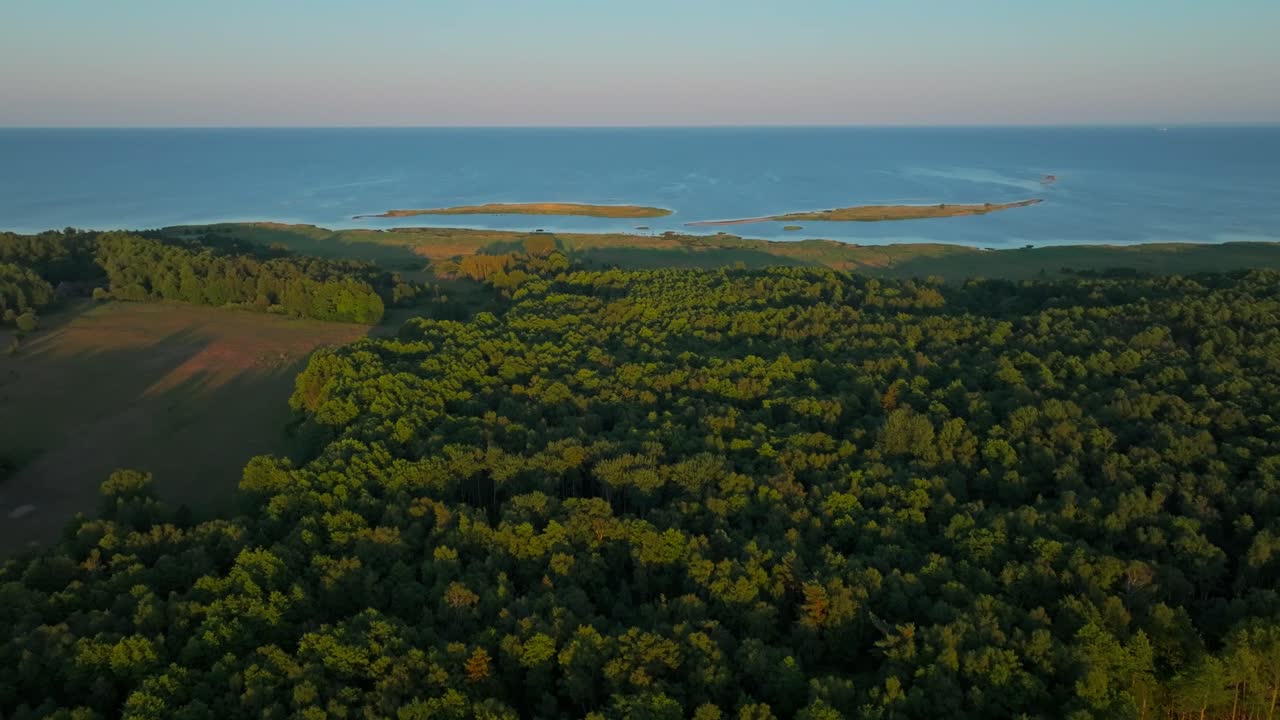 Two islets near the coast at a summer sunset, flying over forest