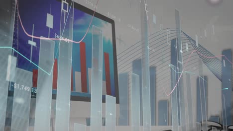 animación del procesamiento de datos estadísticos por computadora frente a la vista de edificios altos.