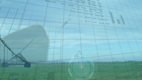 animation of statistical and stock market data processing over landscape with green grassland