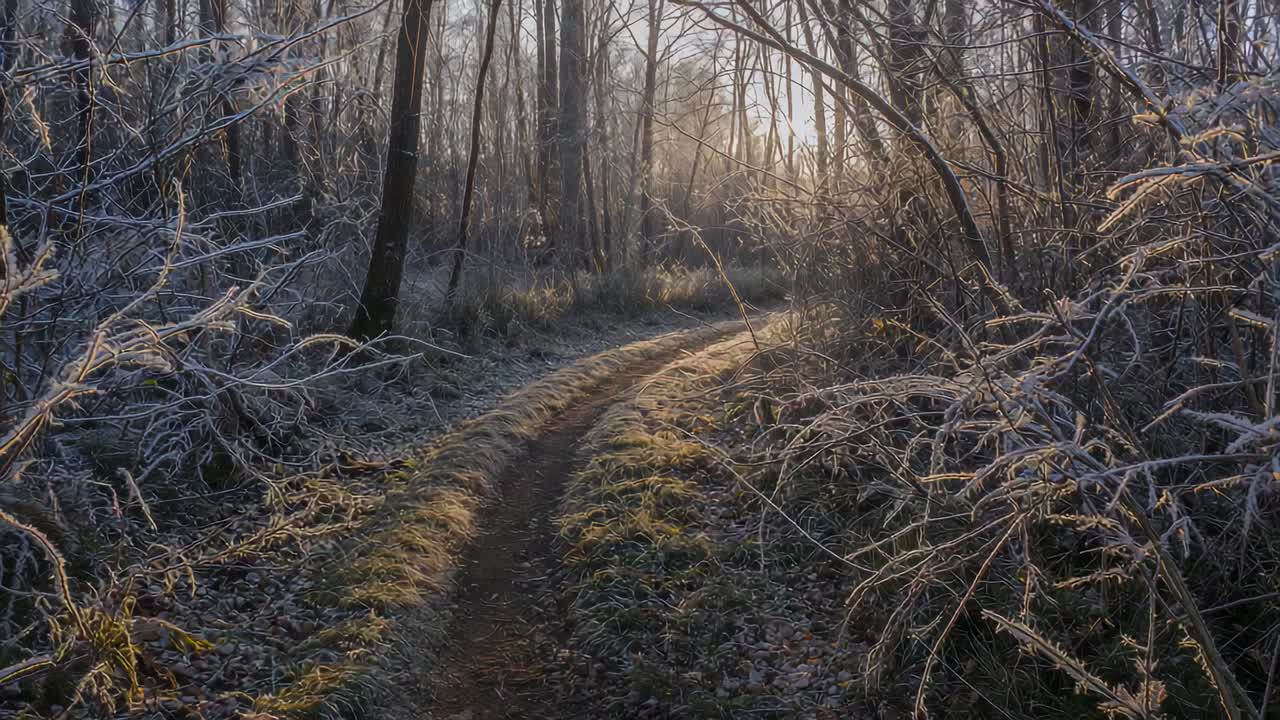 Solopgang og modlys på snoet jordsti i frostklar skov, der afslører rimfrost og hjulspor