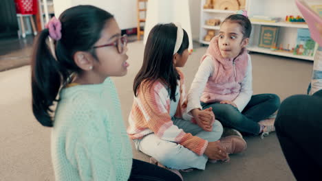 happy, talking and friends with care in class