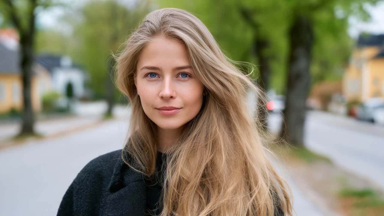 Una giovane donna con i capelli lunghi sta in piedi con sicurezza in un ambiente naturale, irradiando calma e grazia tra una vegetazione lussureggiante e uno sfondo stradale sereno