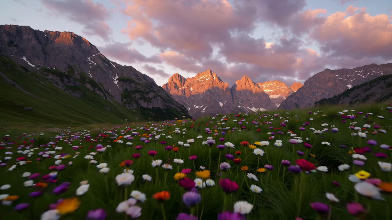 Mountain Valley at Sunrise/Sunset with Wildflowers