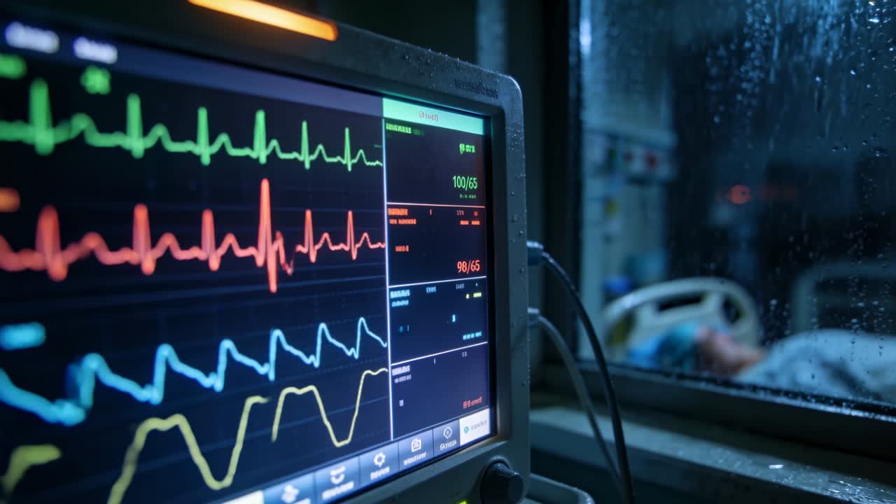 Battito cardiaco che pulsa negli elettrodi, monitor che mostra forme d'onda, cavi che collegano il paziente, monitoraggio dei parametri vitali.