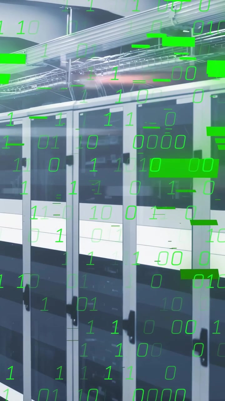 Vertical video: On data signal binary overlay drifting and growing across racks to show data flow