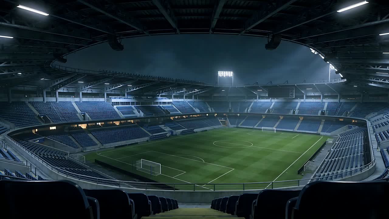 Accensione dei riflettori che illuminano lo stadio di notte, rivelando il campo in erba e due porte.